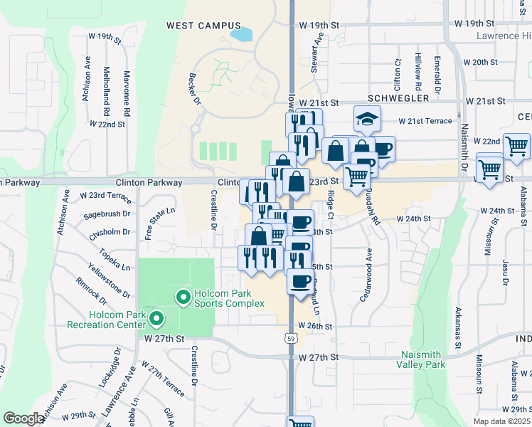 map of restaurants, bars, coffee shops, grocery stores, and more near 2329 Iowa Street in Lawrence