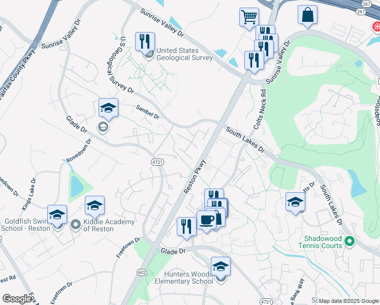 map of restaurants, bars, coffee shops, grocery stores, and more near 2393 Southgate Square in Reston