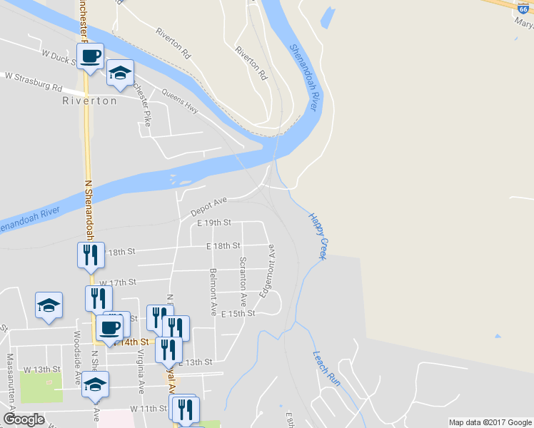map of restaurants, bars, coffee shops, grocery stores, and more near 1896 Edgemont Avenue in Front Royal