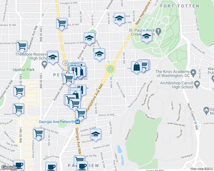 map of restaurants, bars, coffee shops, grocery stores, and more near 513 Taylor Street Northwest in Washington
