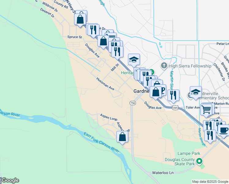 map of restaurants, bars, coffee shops, grocery stores, and more near 1475 Hussman Avenue in Gardnerville