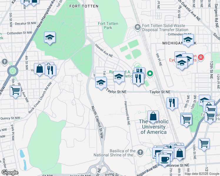 map of restaurants, bars, coffee shops, grocery stores, and more near 100 Fort Drive Northeast in Washington
