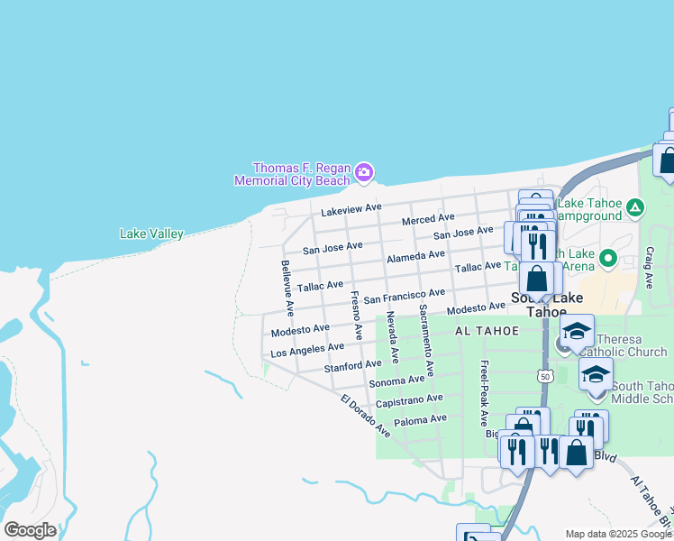 map of restaurants, bars, coffee shops, grocery stores, and more near 768 Alameda Avenue in South Lake Tahoe