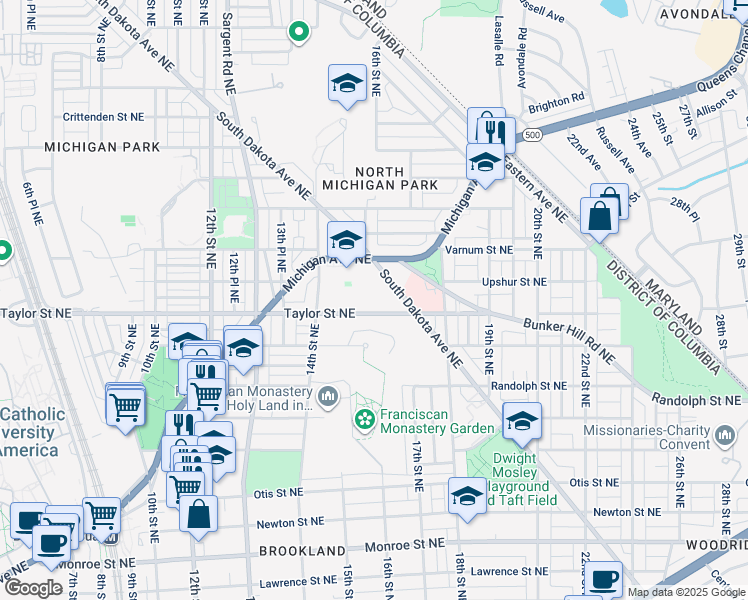 map of restaurants, bars, coffee shops, grocery stores, and more near 1536 Taylor Street Northeast in Washington