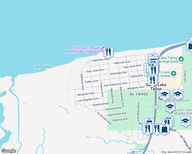 map of restaurants, bars, coffee shops, grocery stores, and more near 3132 Fresno Avenue in South Lake Tahoe