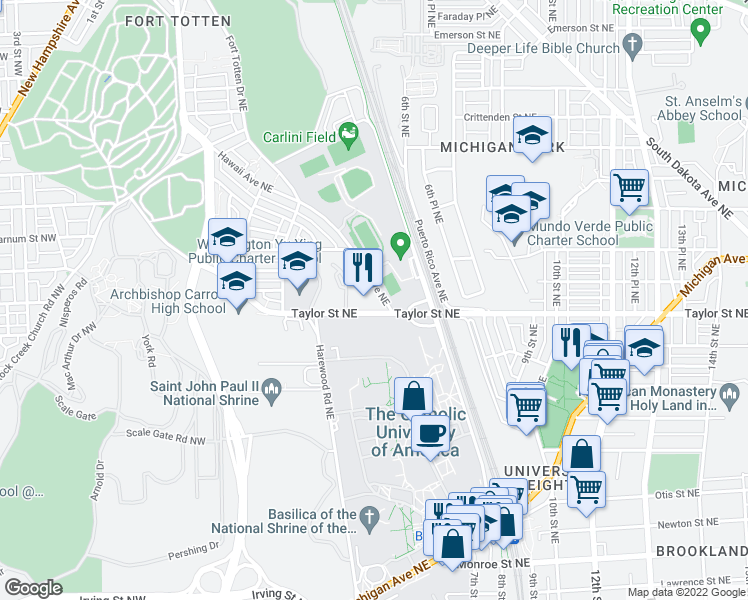 map of restaurants, bars, coffee shops, grocery stores, and more near 400 Taylor Street Northeast in Washington, D.C.
