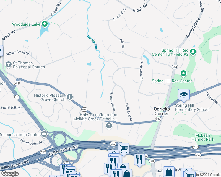 map of restaurants, bars, coffee shops, grocery stores, and more near 8444 Clover Leaf Drive in McLean