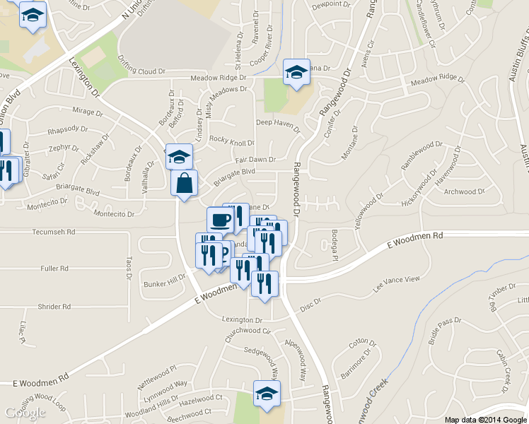 map of restaurants, bars, coffee shops, grocery stores, and more near 3640 Brisbane Drive in Colorado Springs