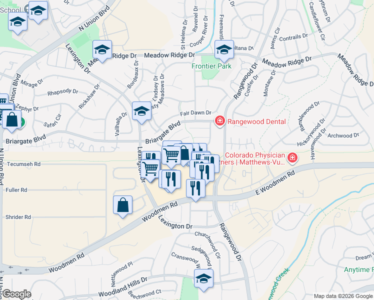 map of restaurants, bars, coffee shops, grocery stores, and more near 3640 Brisbane Drive in Colorado Springs