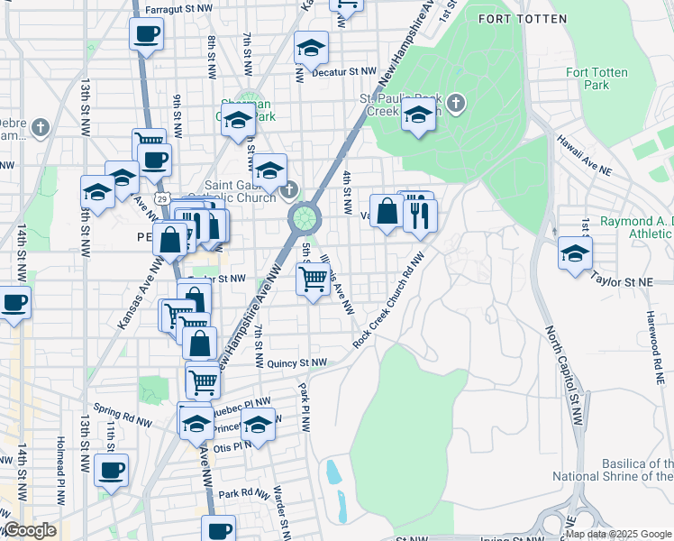 map of restaurants, bars, coffee shops, grocery stores, and more near 4101 Illinois Avenue Northwest in Washington