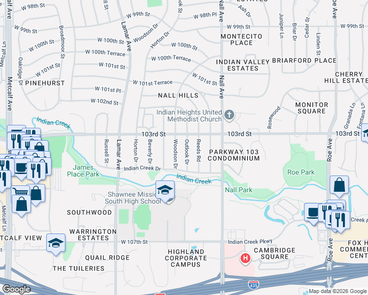 map of restaurants, bars, coffee shops, grocery stores, and more near 10311 Woodson Drive in Overland Park
