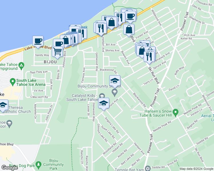 map of restaurants, bars, coffee shops, grocery stores, and more near 1179 Herbert Avenue in South Lake Tahoe