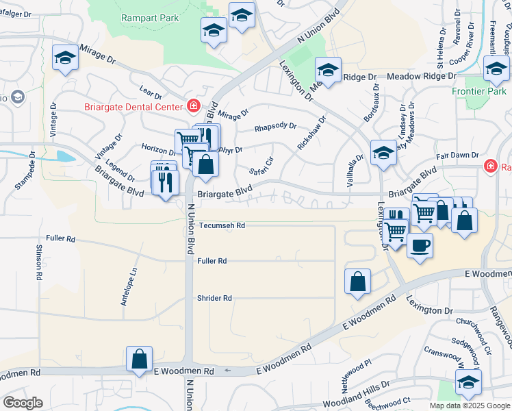 map of restaurants, bars, coffee shops, grocery stores, and more near 7432 Alameda Court in Colorado Springs