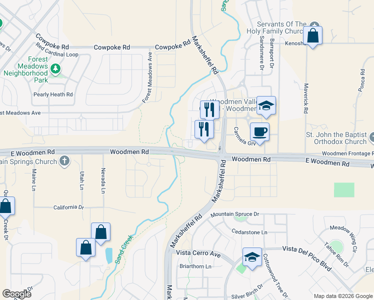 map of restaurants, bars, coffee shops, grocery stores, and more near 7800 East Woodmen Road in Colorado Springs