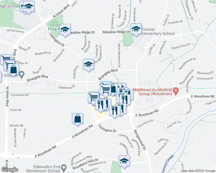 map of restaurants, bars, coffee shops, grocery stores, and more near 3529 Brisbane Drive in Colorado Springs