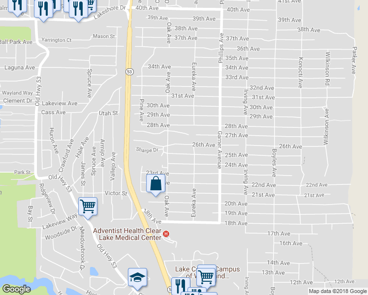 map of restaurants, bars, coffee shops, grocery stores, and more near 15737 26th Avenue in Clearlake