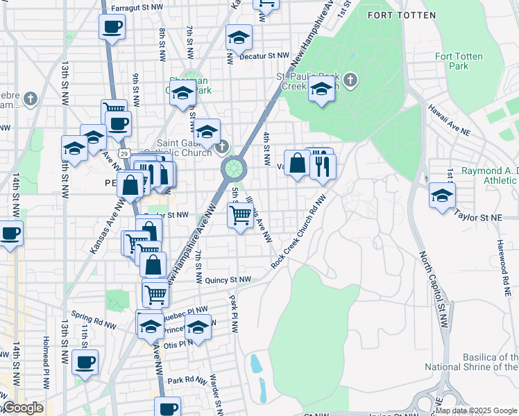 map of restaurants, bars, coffee shops, grocery stores, and more near 4101 Illinois Avenue Northwest in Washington