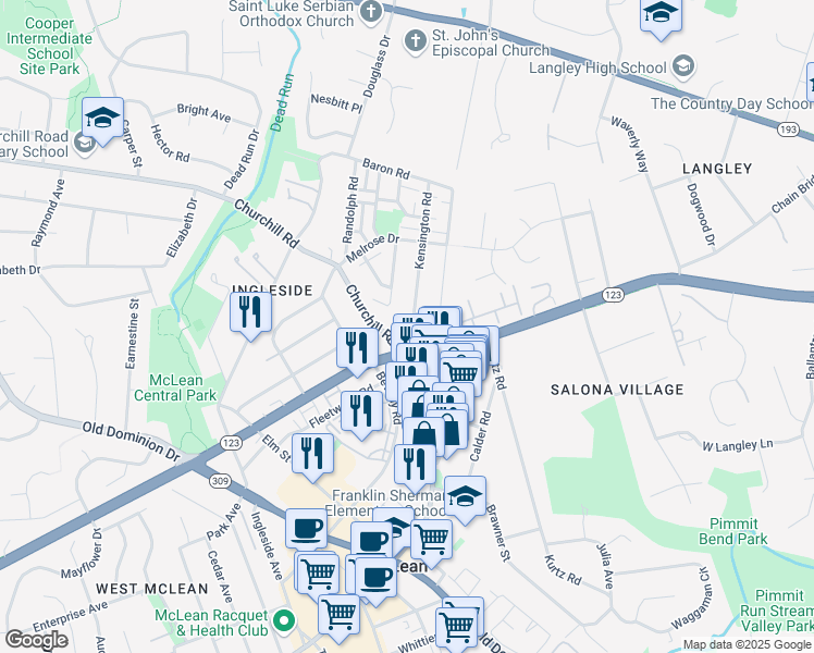 map of restaurants, bars, coffee shops, grocery stores, and more near 1250 Kensington Road in McLean