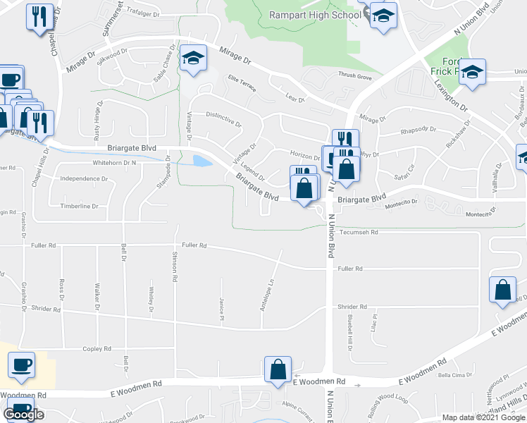 map of restaurants, bars, coffee shops, grocery stores, and more near 2644 Bannister Court in Colorado Springs