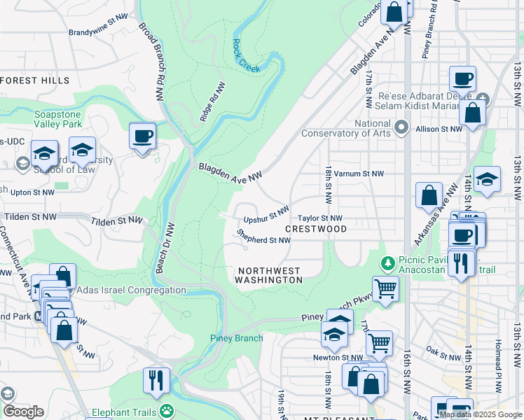 map of restaurants, bars, coffee shops, grocery stores, and more near 2007 Trumbull Terrace Northwest in Washington