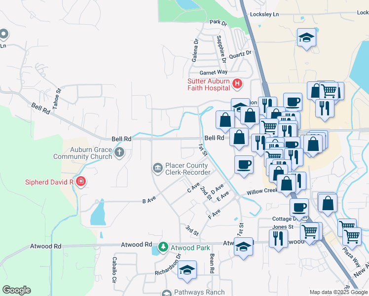 map of restaurants, bars, coffee shops, grocery stores, and more near 11450 A Avenue in Auburn