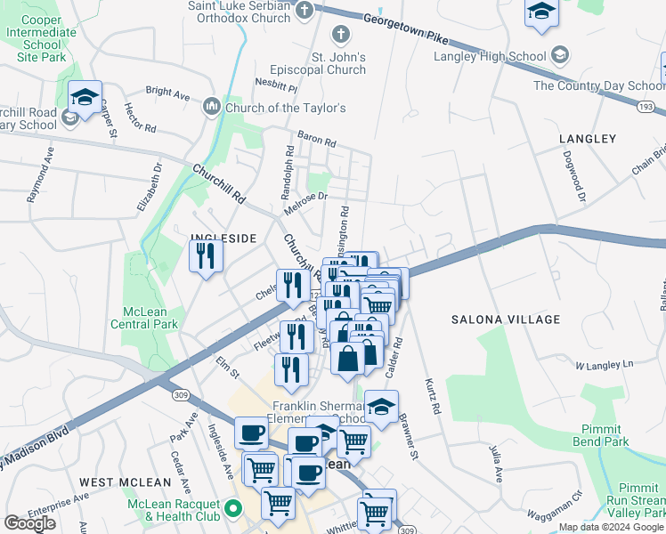 map of restaurants, bars, coffee shops, grocery stores, and more near 1250 Kensington Road in McLean