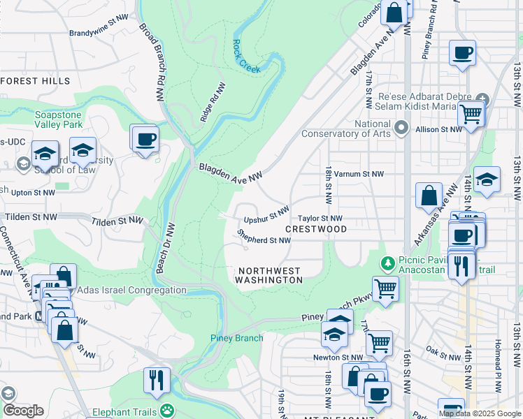 map of restaurants, bars, coffee shops, grocery stores, and more near 2007 Trumbull Terrace Northwest in Washington
