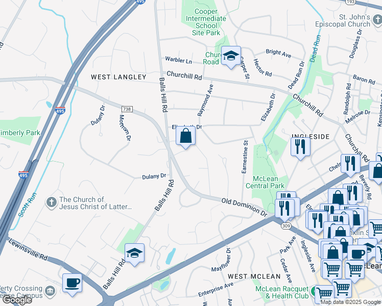 map of restaurants, bars, coffee shops, grocery stores, and more near 8100 Old Dominion Drive in McLean
