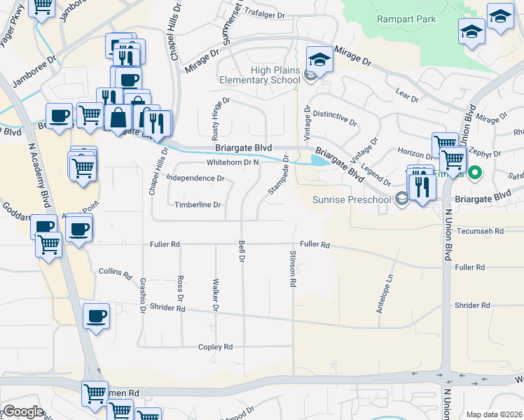 map of restaurants, bars, coffee shops, grocery stores, and more near 7557 Stampede Drive in Colorado Springs