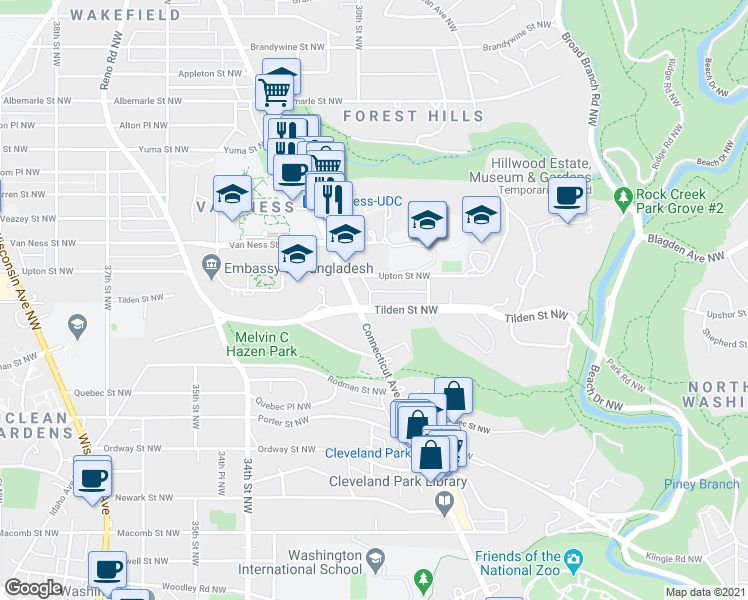 map of restaurants, bars, coffee shops, grocery stores, and more near 2961 Tilden Street Northwest in Washington