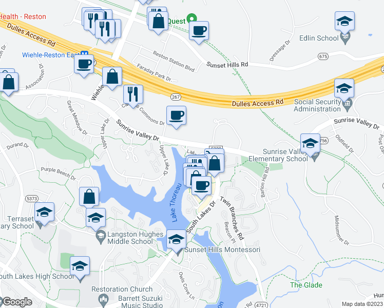 map of restaurants, bars, coffee shops, grocery stores, and more near 1933 Lakeport Way in Reston