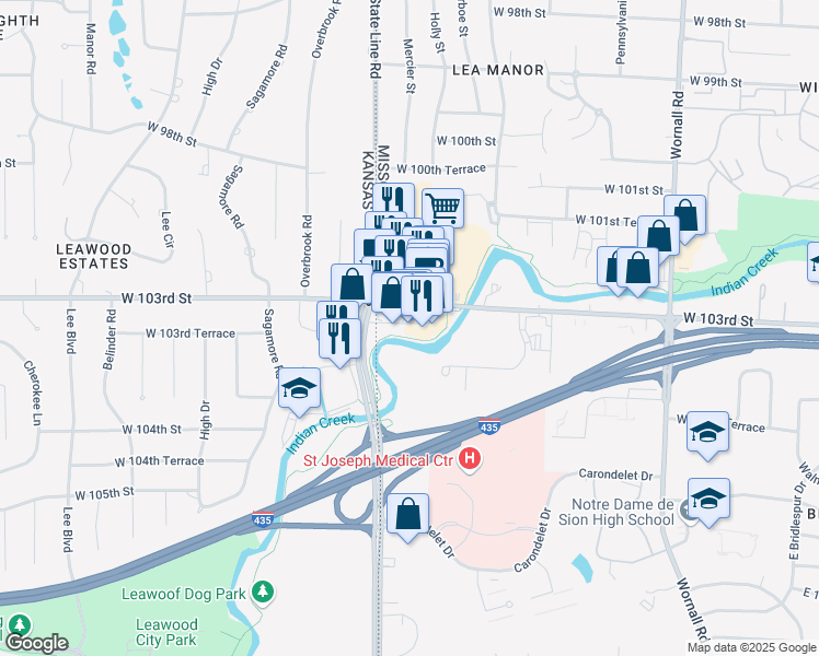 map of restaurants, bars, coffee shops, grocery stores, and more near 1227 West 103rd Street in Kansas City