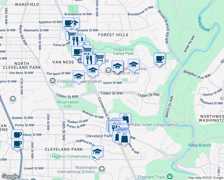 map of restaurants, bars, coffee shops, grocery stores, and more near 2923 Tilden Street Northwest in Washington