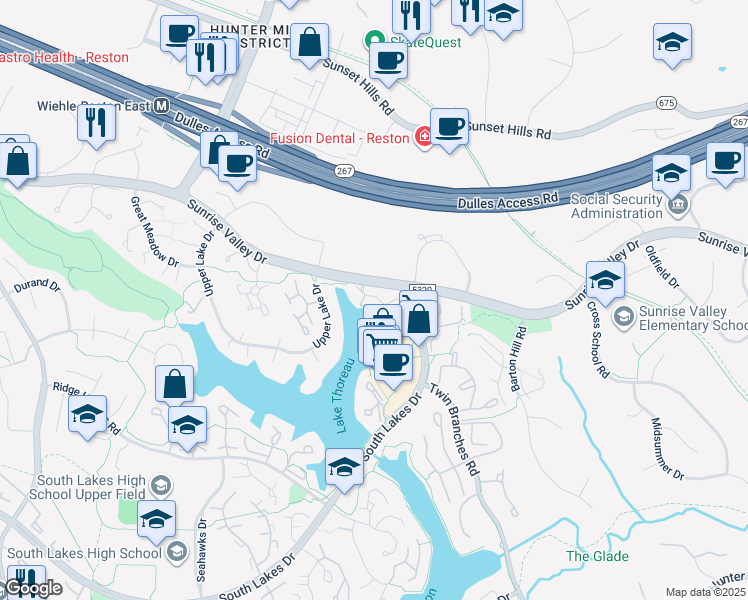 map of restaurants, bars, coffee shops, grocery stores, and more near 1933 Lakeport Way in Reston