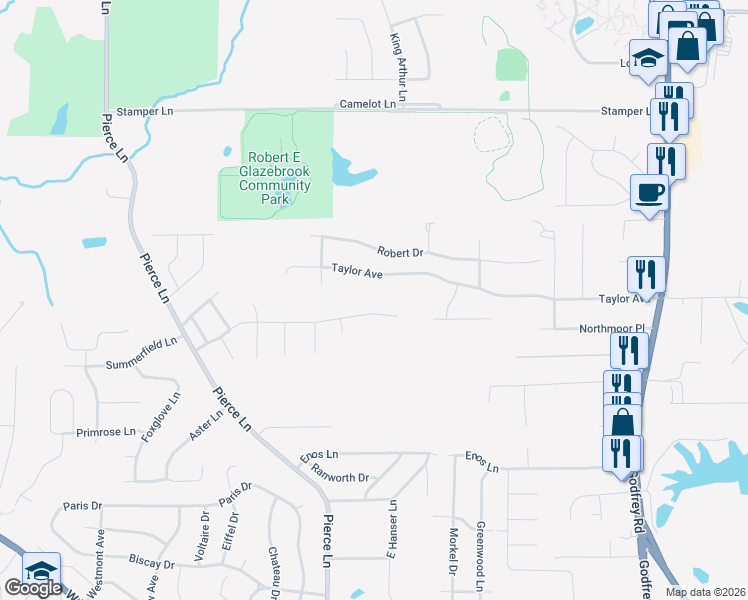 map of restaurants, bars, coffee shops, grocery stores, and more near 1121 Taylor Avenue in Godfrey