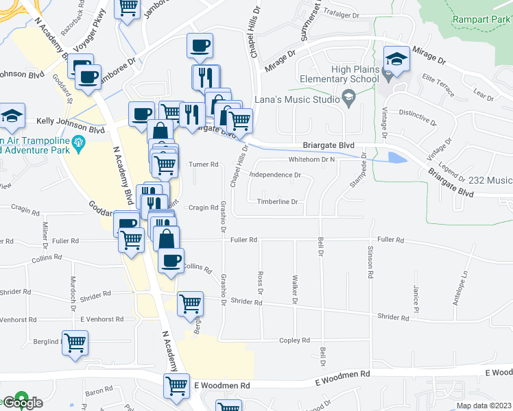 map of restaurants, bars, coffee shops, grocery stores, and more near 1909 Timberline Drive in Colorado Springs