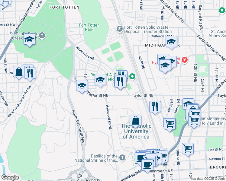 map of restaurants, bars, coffee shops, grocery stores, and more near 400 Taylor Street Northeast in Washington
