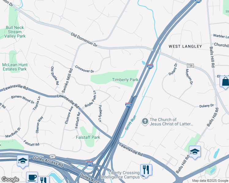 map of restaurants, bars, coffee shops, grocery stores, and more near 1200 Huntmaster Court in McLean