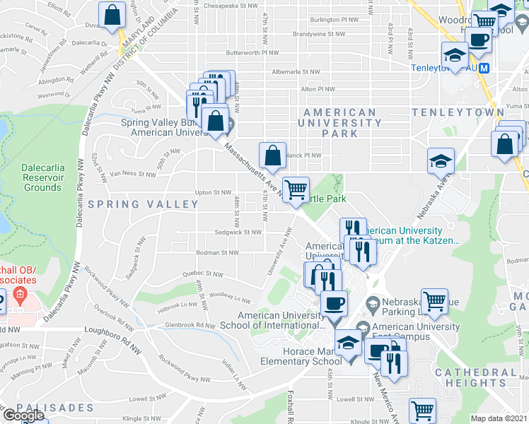 map of restaurants, bars, coffee shops, grocery stores, and more near 47th Street Northwest & Tilden Street Northwest in Washington