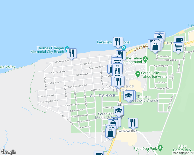 map of restaurants, bars, coffee shops, grocery stores, and more near 911 Tallac Avenue in South Lake Tahoe
