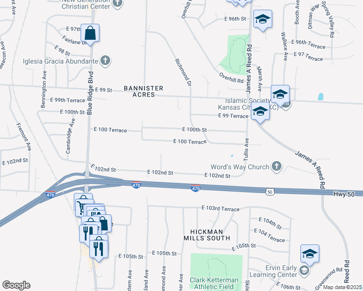 map of restaurants, bars, coffee shops, grocery stores, and more near 7513 East 100 Terrace in Kansas City