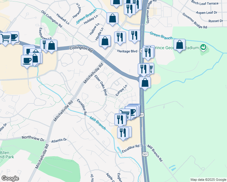 map of restaurants, bars, coffee shops, grocery stores, and more near 16411 Elysian Lane in Bowie