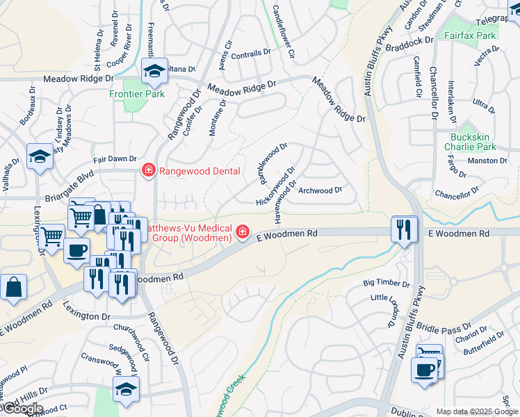 map of restaurants, bars, coffee shops, grocery stores, and more near 7533 Hickorywood Drive in Colorado Springs