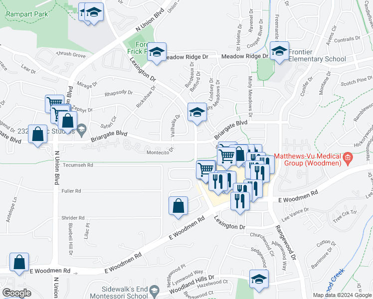 map of restaurants, bars, coffee shops, grocery stores, and more near 3355 Mexico Court in Colorado Springs