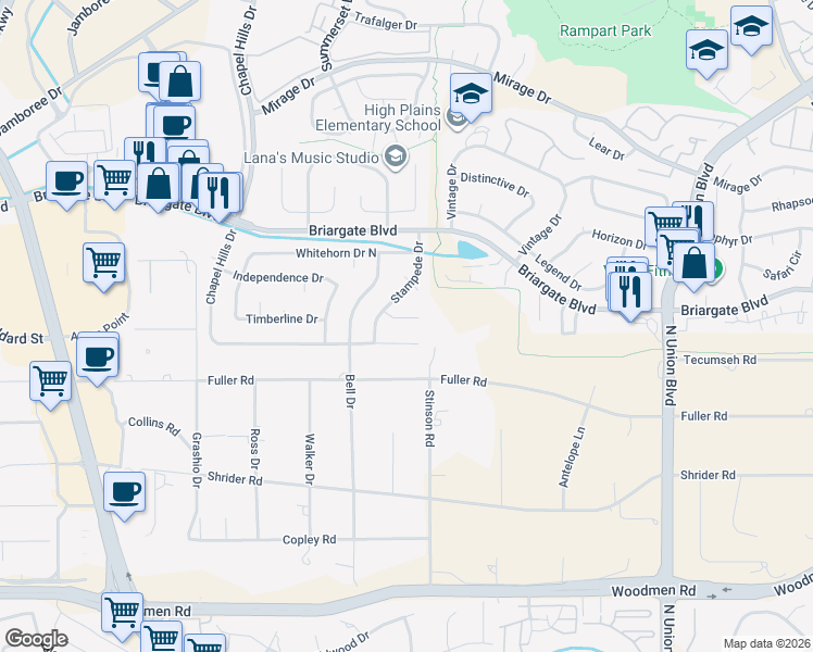 map of restaurants, bars, coffee shops, grocery stores, and more near 2145 Berthoud Court in Colorado Springs