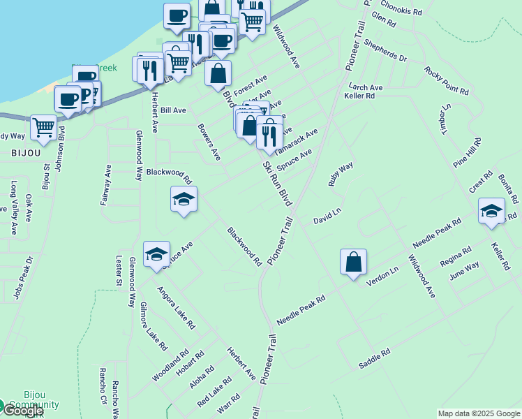 map of restaurants, bars, coffee shops, grocery stores, and more near 1218 Ski Run Boulevard in South Lake Tahoe