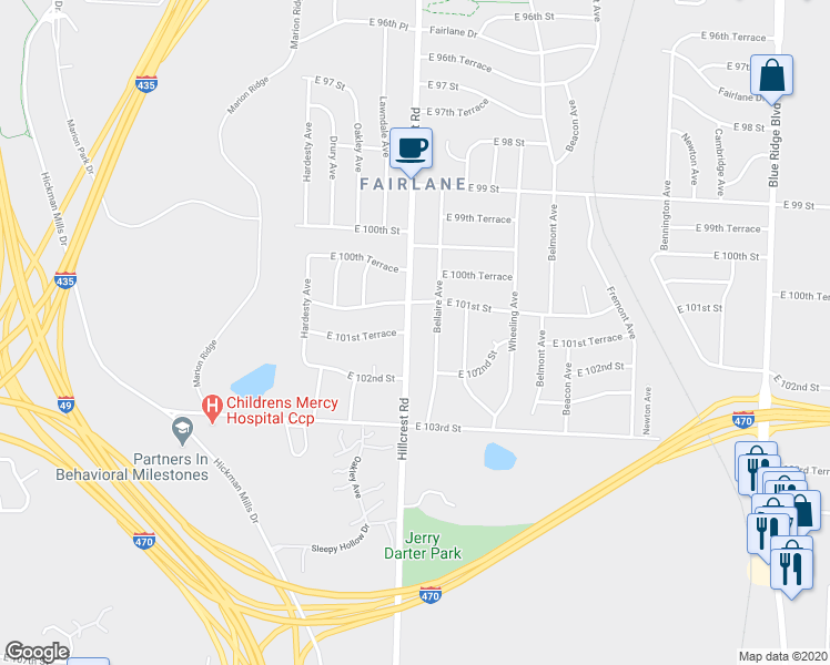 map of restaurants, bars, coffee shops, grocery stores, and more near 10104 Hillcrest Road in Kansas City