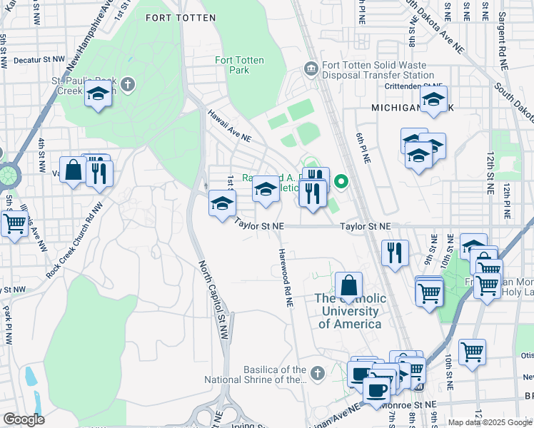 map of restaurants, bars, coffee shops, grocery stores, and more near 220 Taylor Street Northeast in Washington