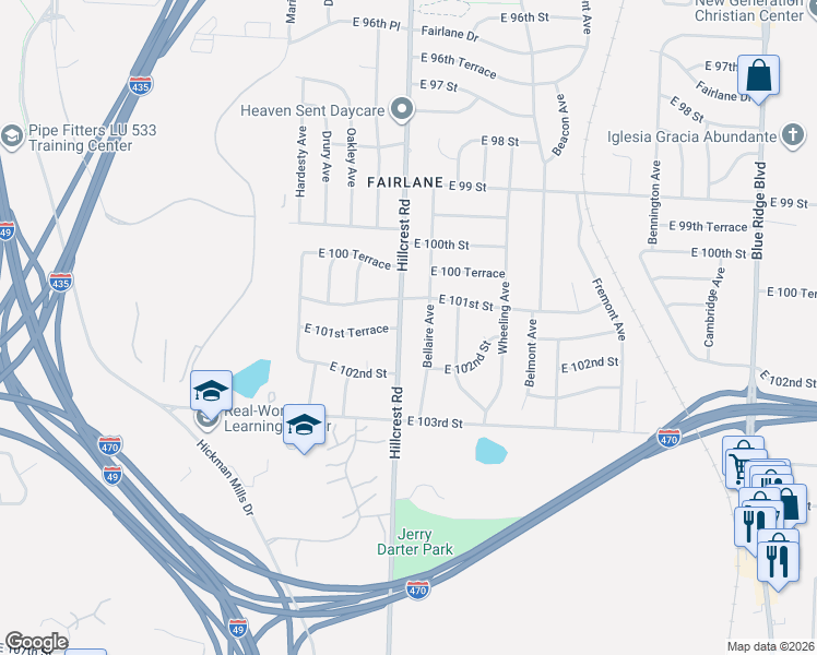 map of restaurants, bars, coffee shops, grocery stores, and more near 10104 Hillcrest Road in Kansas City