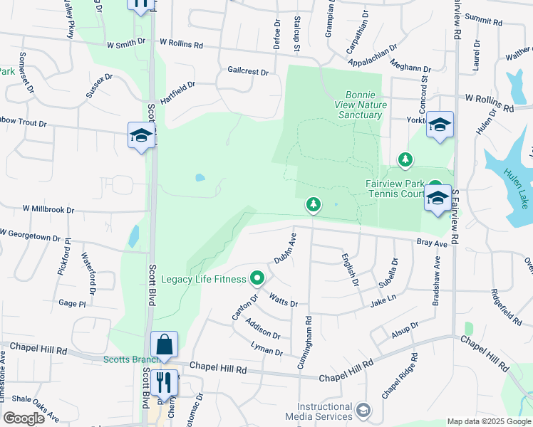 map of restaurants, bars, coffee shops, grocery stores, and more near Scott's Branch Trail in Columbia